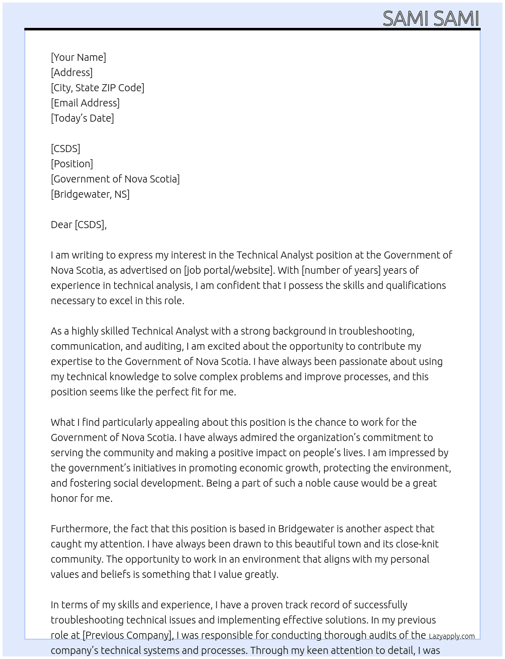 Technical Analyst At Government of Nova Scotia Cover Letter