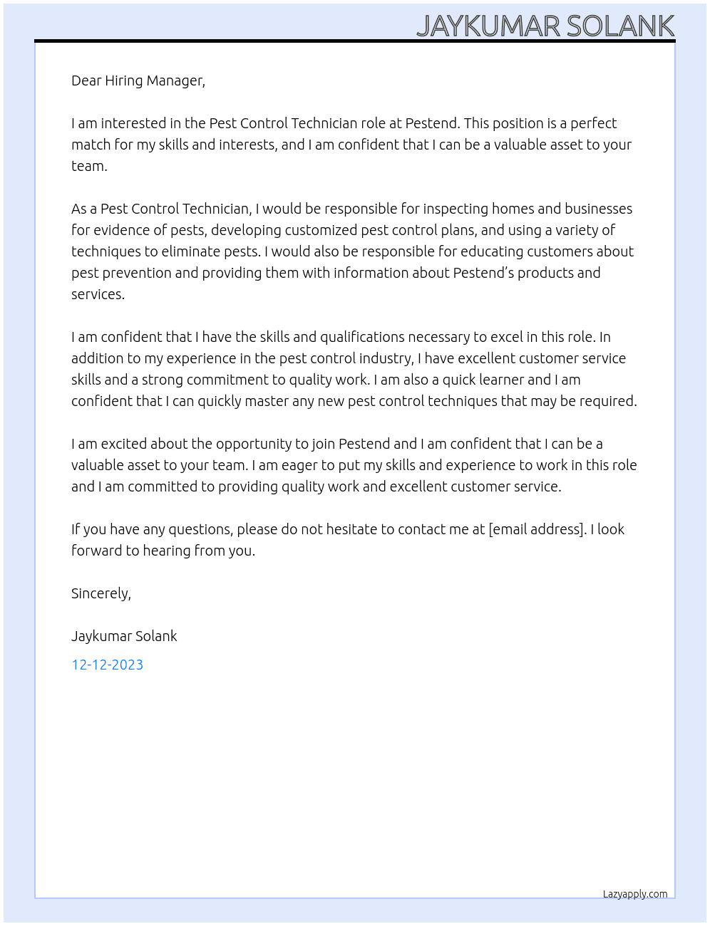 Pest Control Technician At Pestend Cover Letter