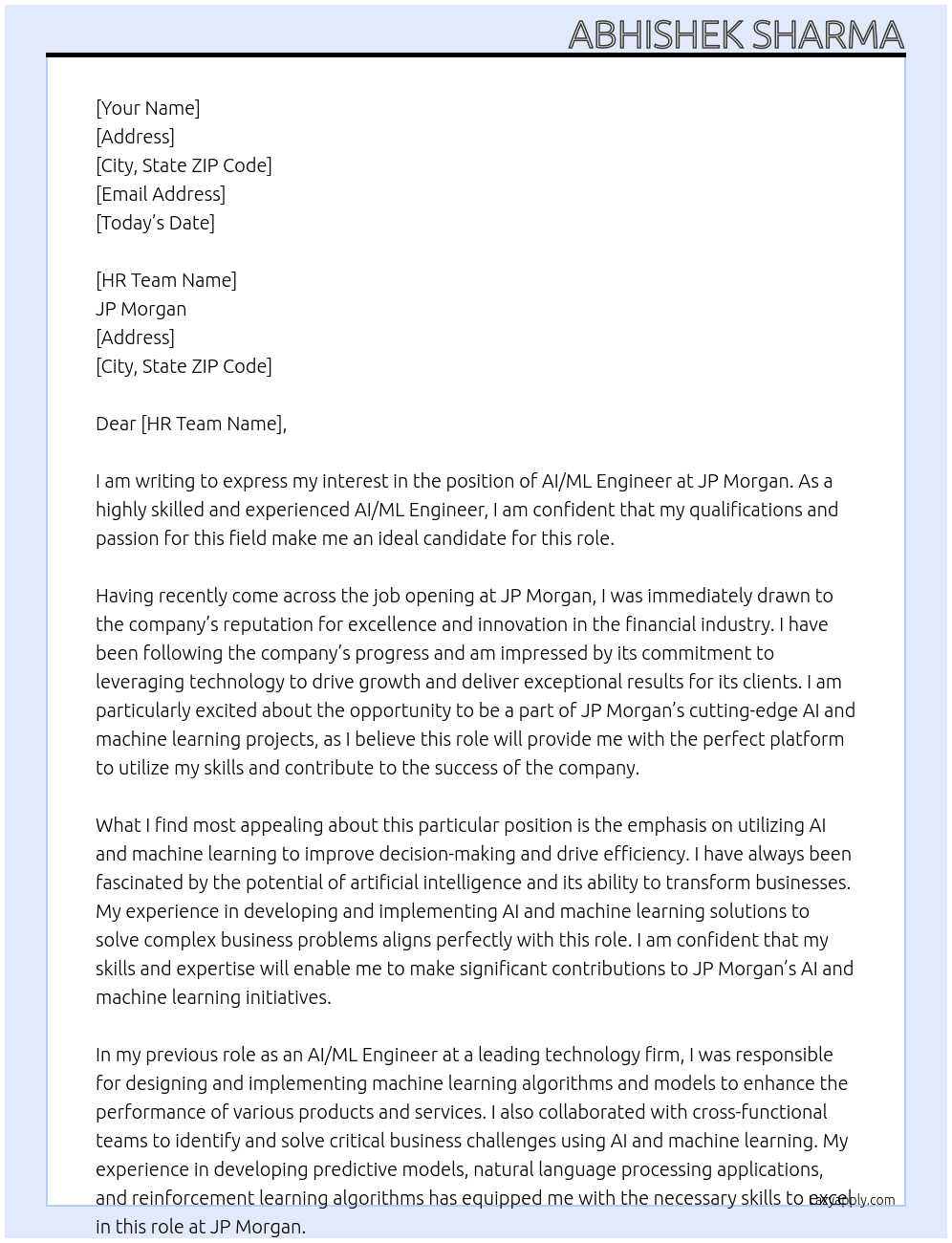 AI/ML Engineer At JP morgen Cover Letter