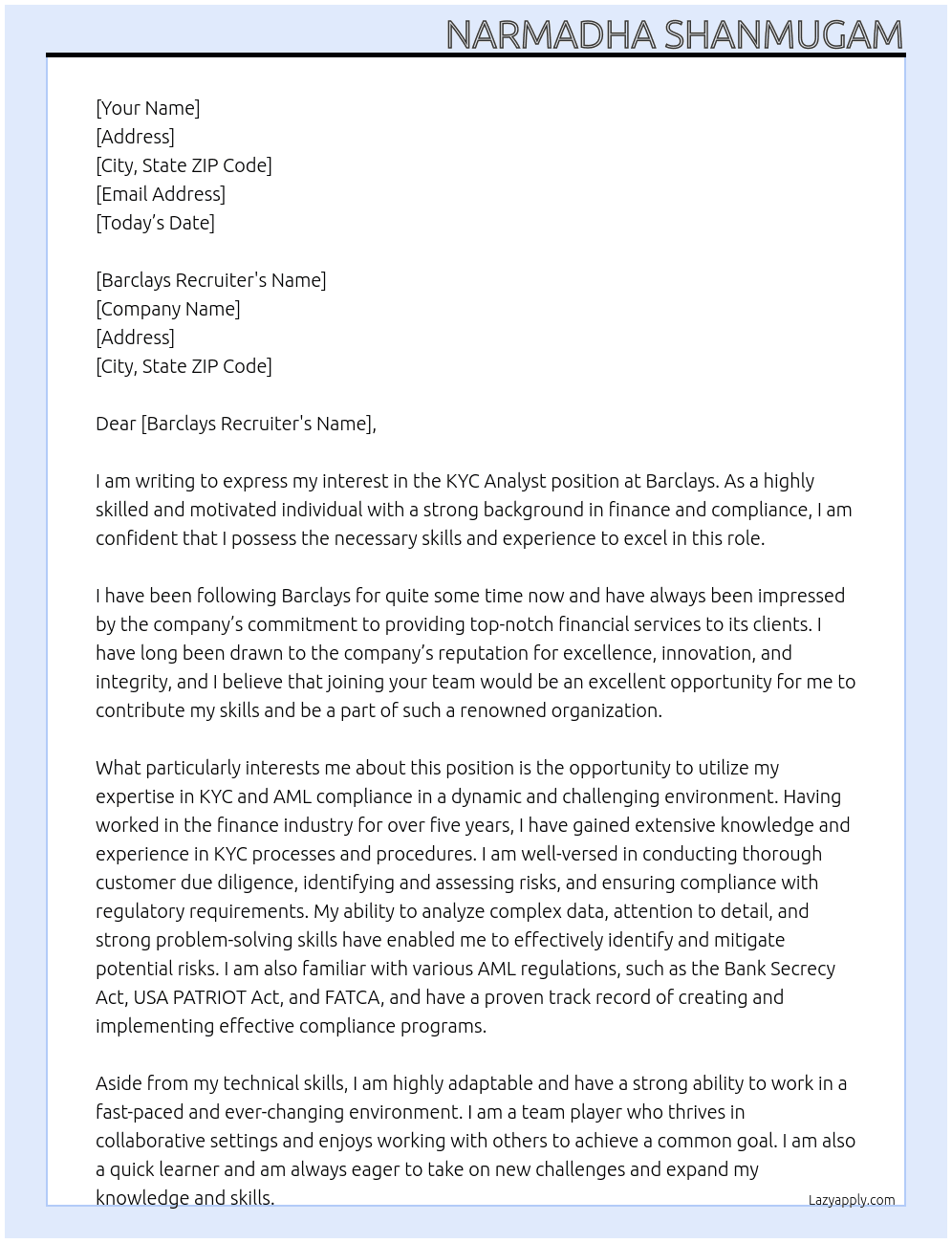 Kyc analyst  At Barclays  Cover Letter