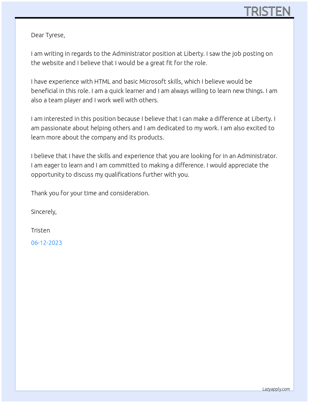 Administrator  At Liberty Cover Letter