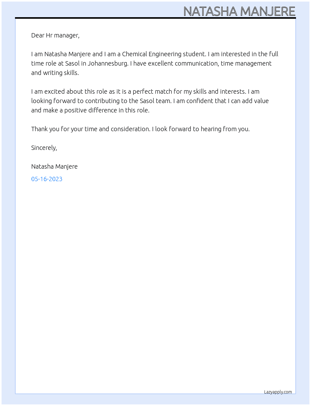 Chemical Engineering  At Sasol Cover Letter