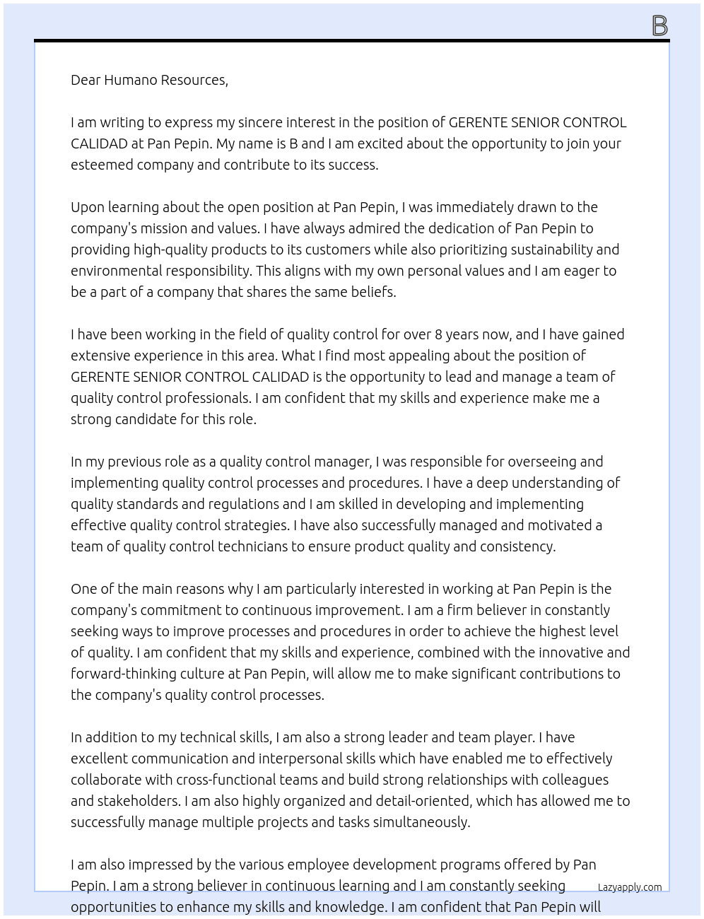 GERENTE SENIOR CONTROL CALIDAD At pan pepin Cover Letter