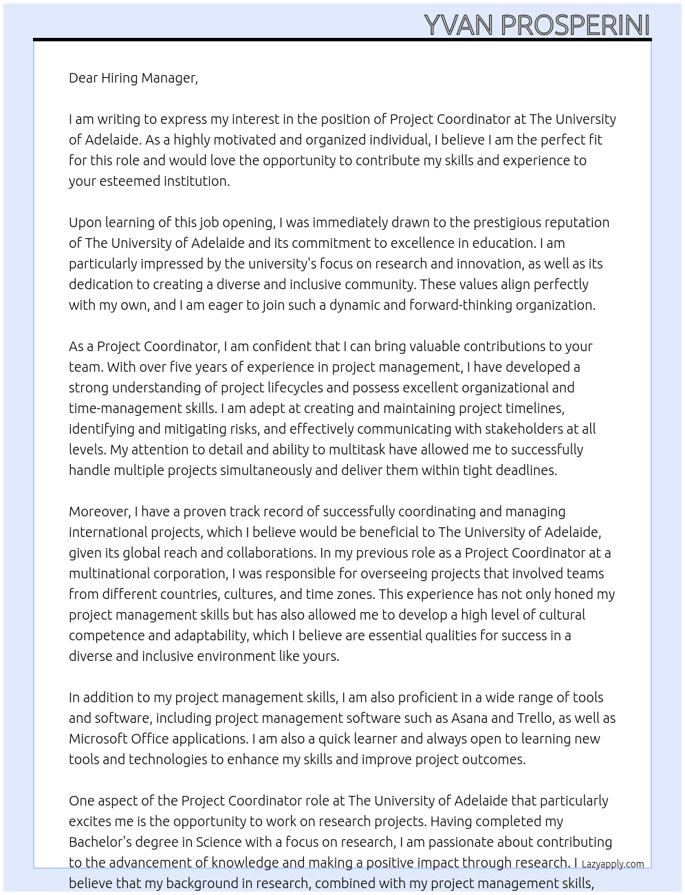 Project Coordinator At The University of Adelaide Cover Letter