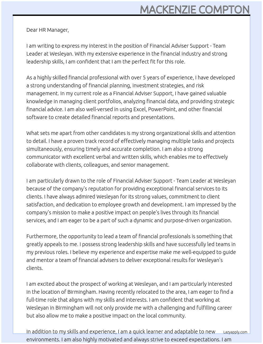 Financial Adviser Support - Team Leader At Wesleyan  Cover Letter