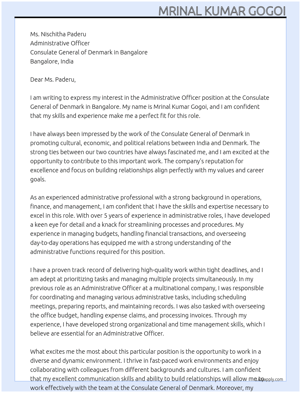 Administrative Officer At Consulate General of Denmark in Bangalore Cover Letter