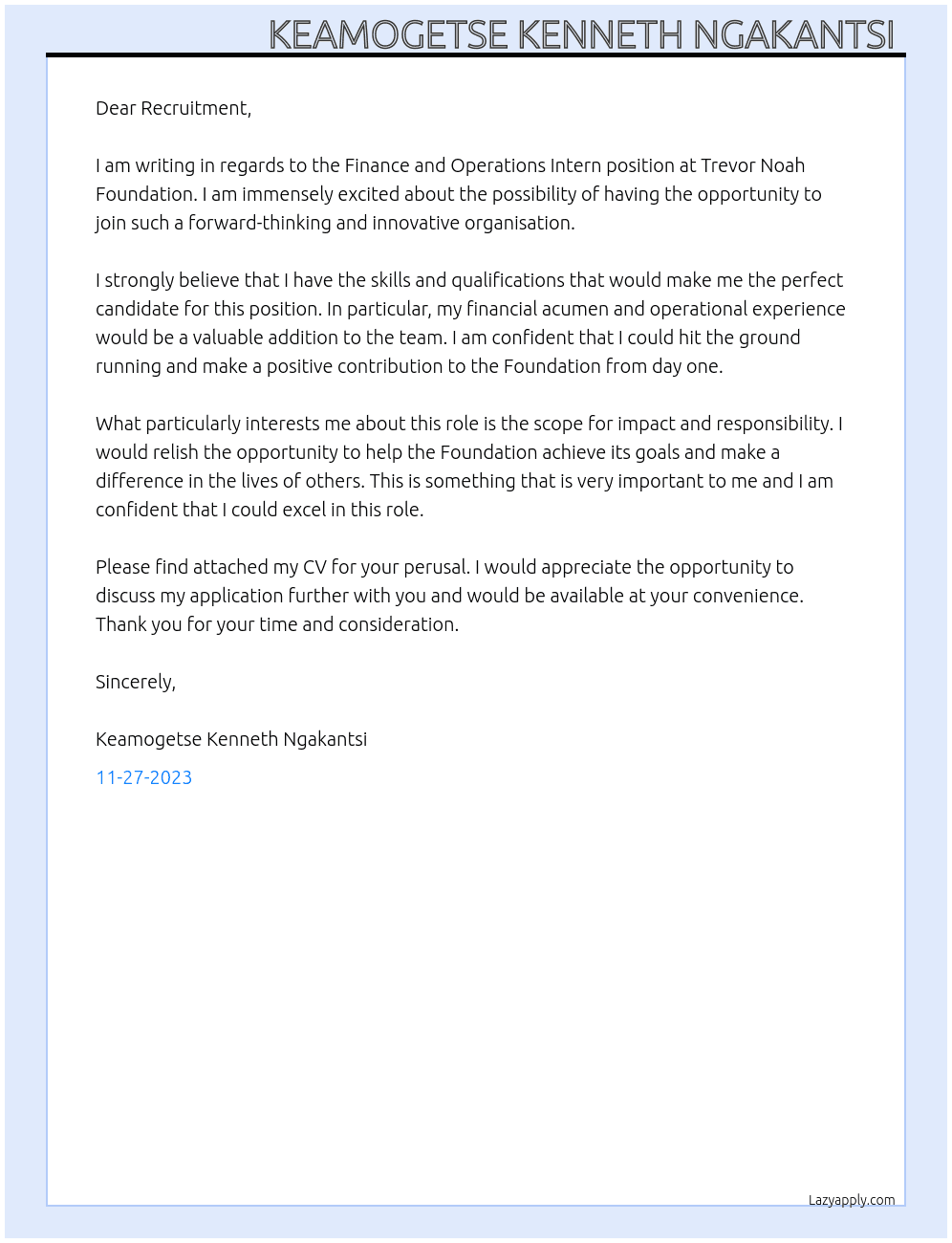 Finance and Operations Intern At Trevor Noah Foundation  Cover Letter