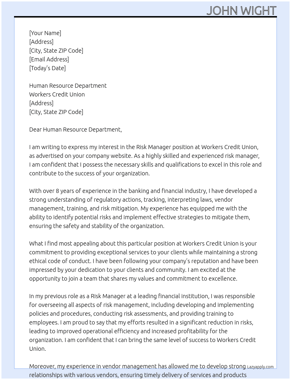Risk Manager At Workers Credit Union Cover Letter
