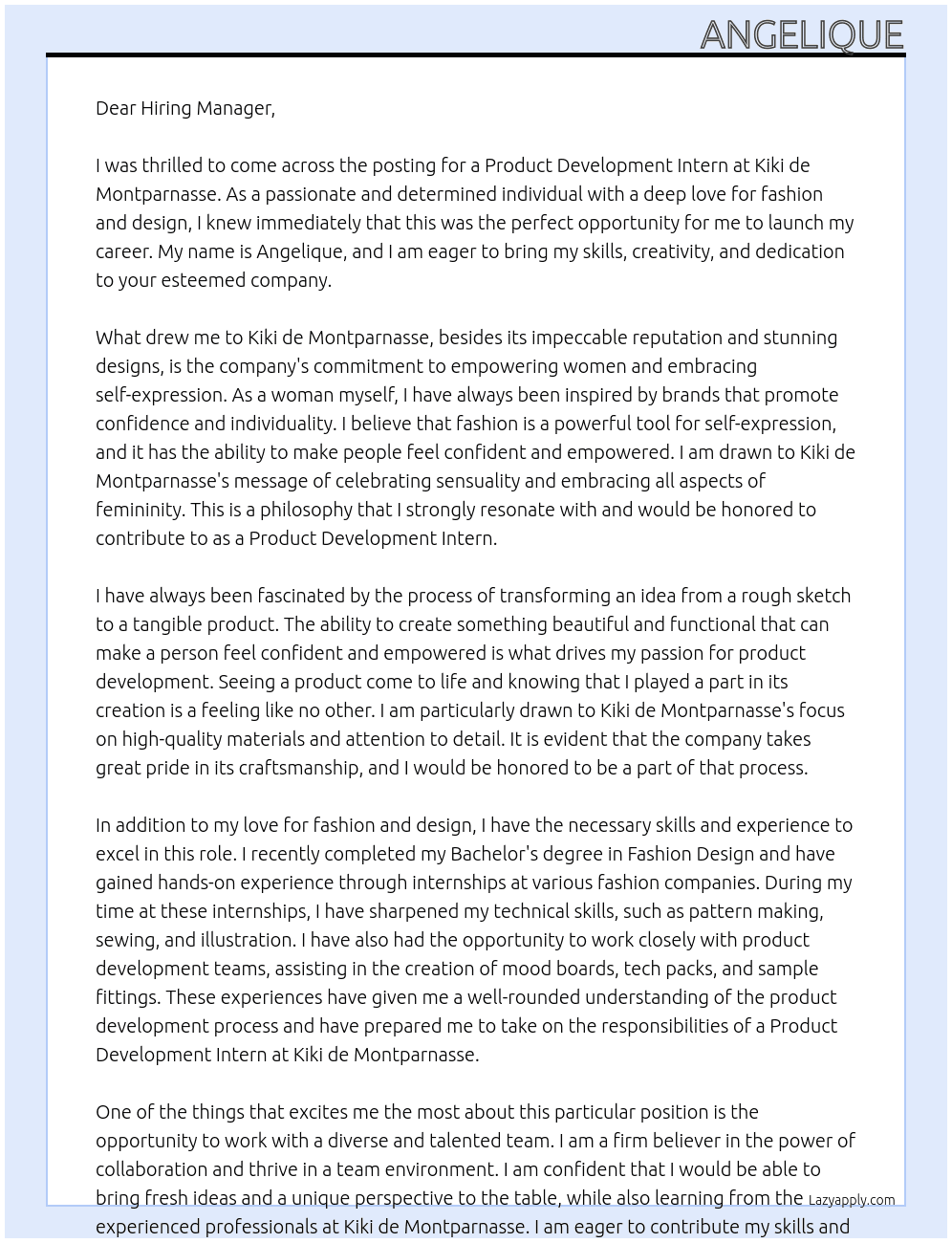 Product Development Intern At Kiki de Montparnasse Cover Letter