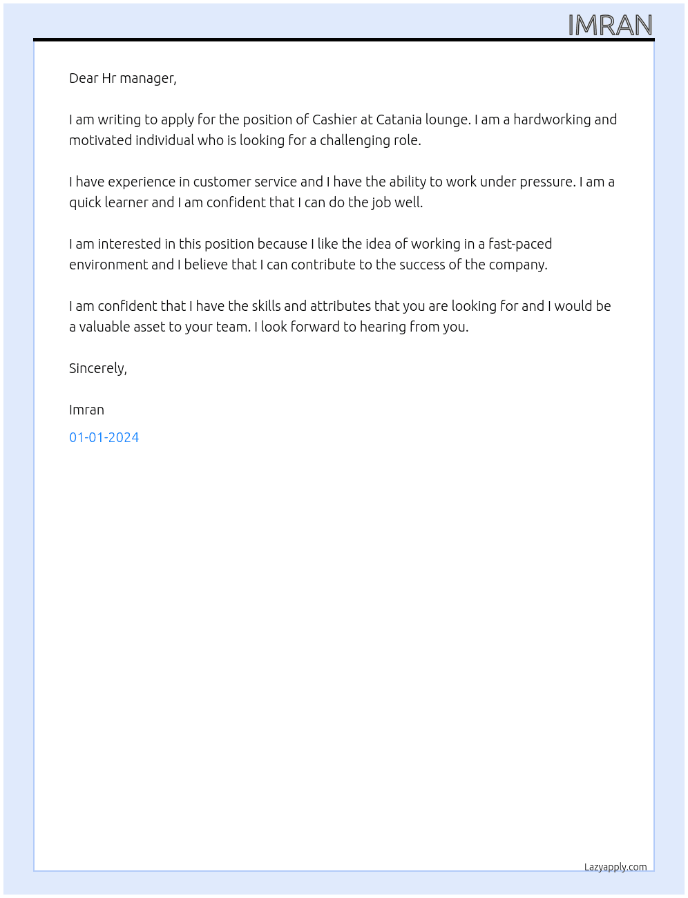Cashier At Catania lounge Cover Letter