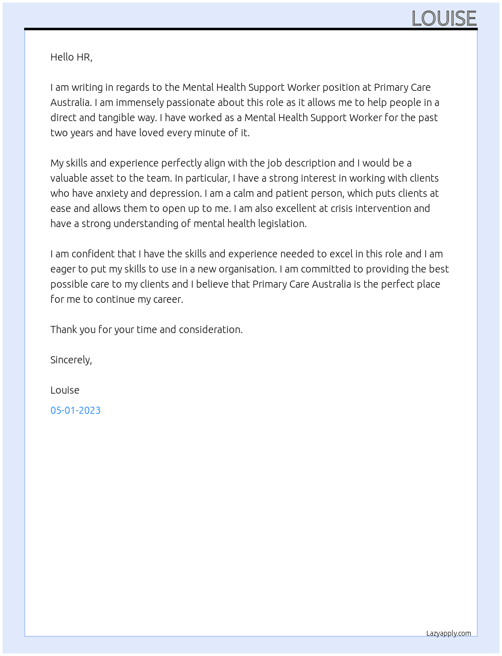 Mental Health Support Worker At Primary Care Australia  Cover Letter