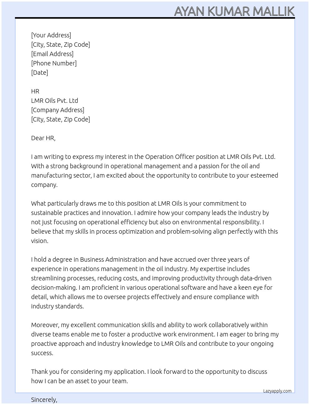 Operation Officer or Operator At LMR Oils Pvt. Ltd Cover Letter