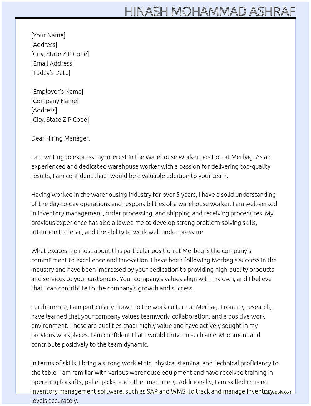 warehouse worker  At Merbag Cover Letter