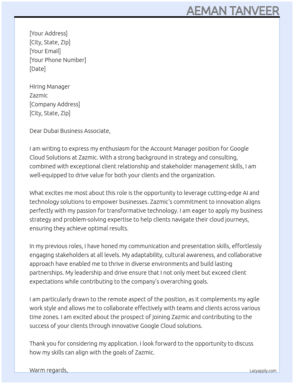 Account Manager for Google Cloud Solutions At Zazmic Cover Letter