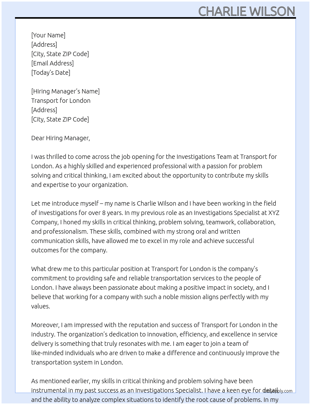 Investigations Team At Transport for Lonson Cover Letter
