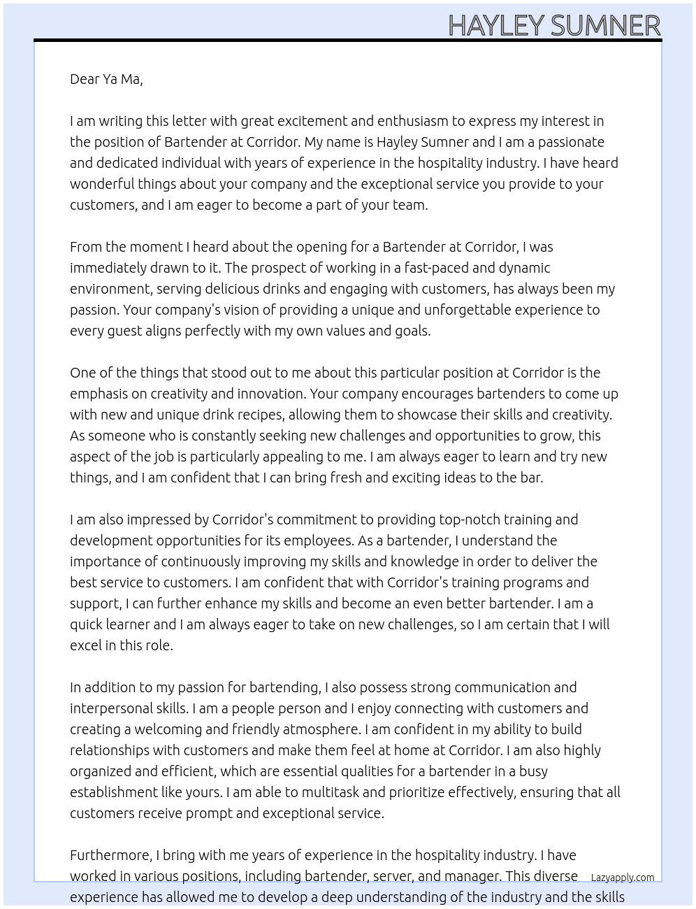 Bartender At Corridor Cover Letter