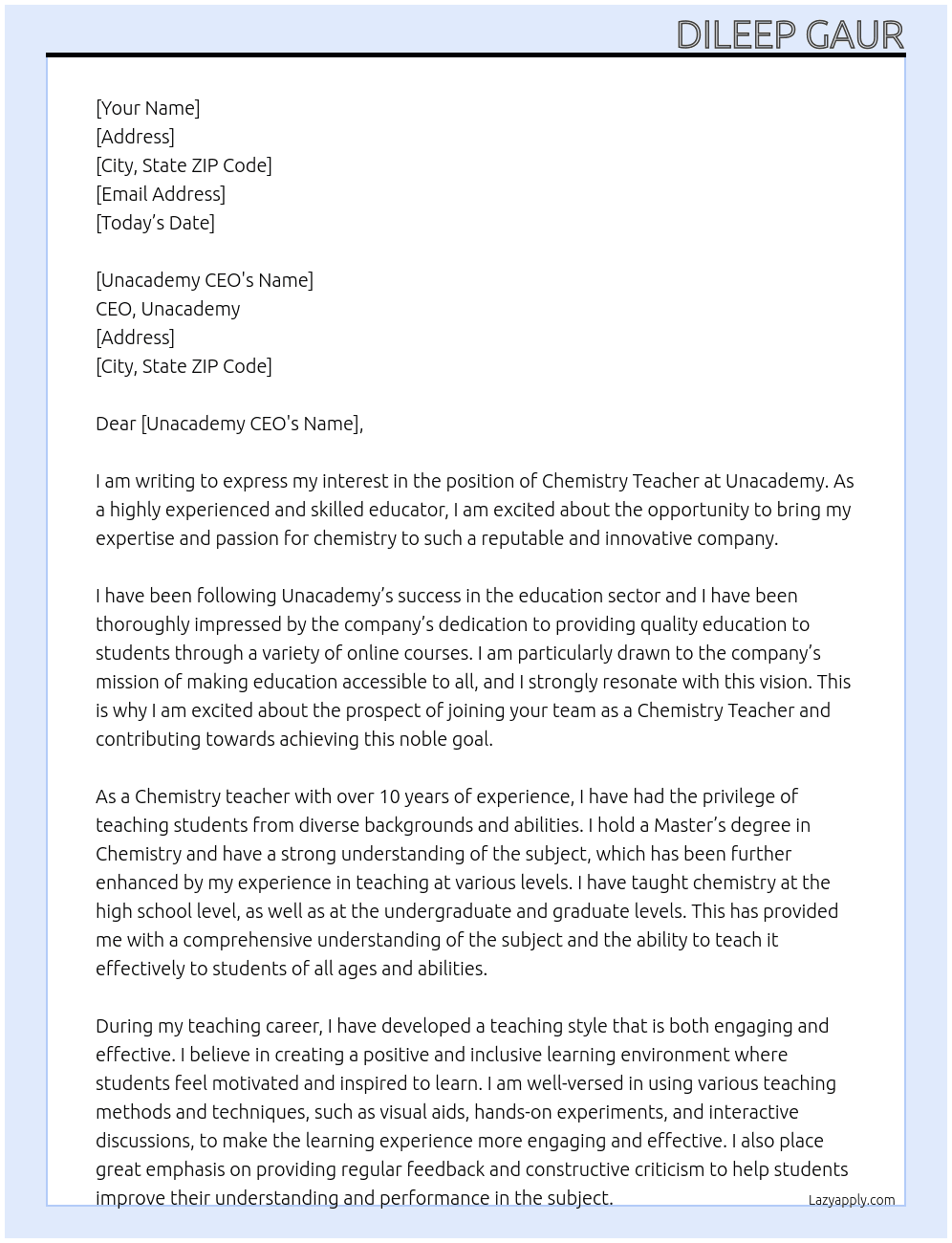 Chemistry teacher At Unacademy Cover Letter