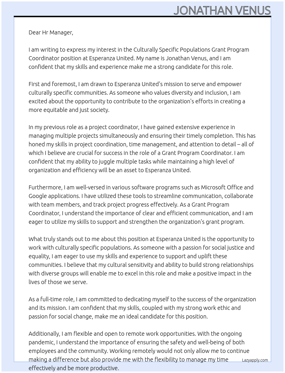 Culturally Specific Populations Grant Program Coordinator At Esperanza United Cover Letter