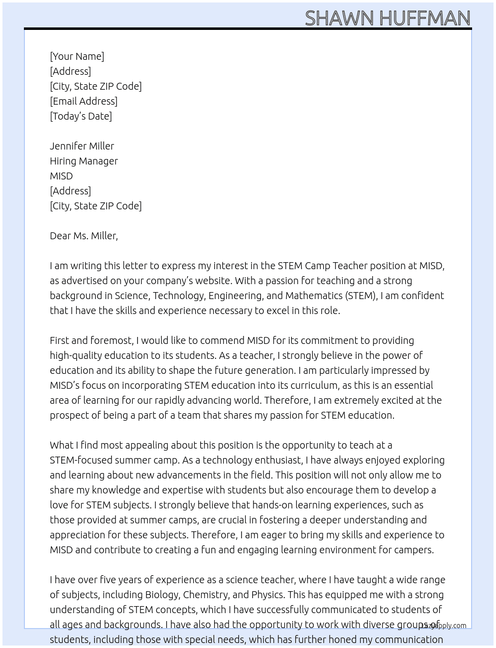 STEM Camp Teacher At MISD Cover Letter