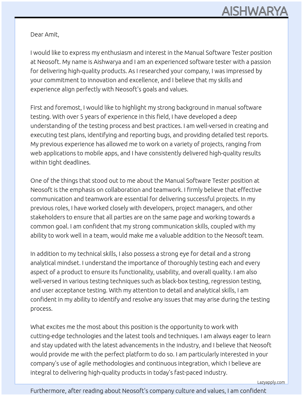 Manual Software Tester At Neosoft Cover Letter