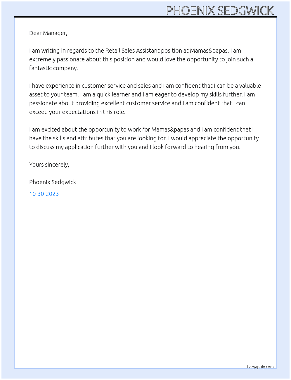 Retail sales assistant  At Mamas&papas Cover Letter