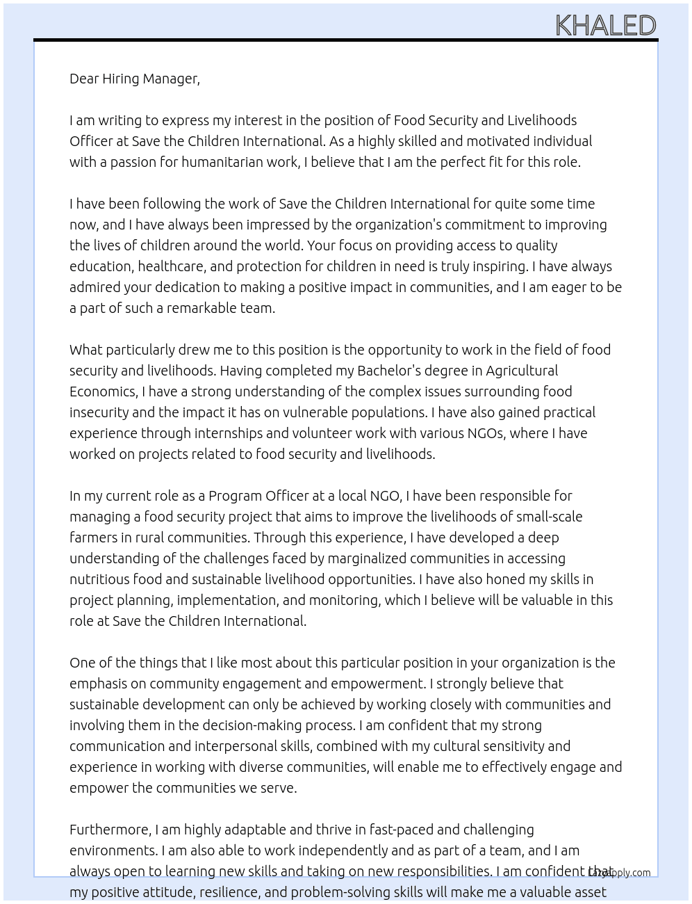 Cover letter for food security and livelihoods officer - LazyApply