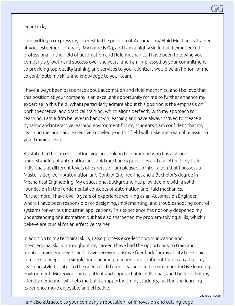 Automation / fluid mechanics trainer At Lucky  Cover Letter