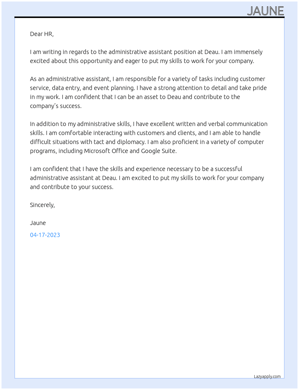 administrative assistant At deau Cover Letter