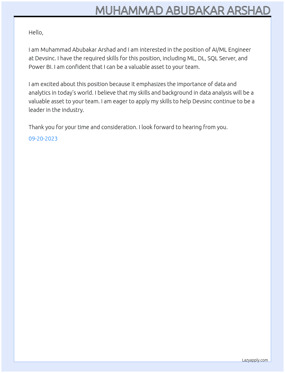 AI/ML Engineer At Devsinc Cover Letter