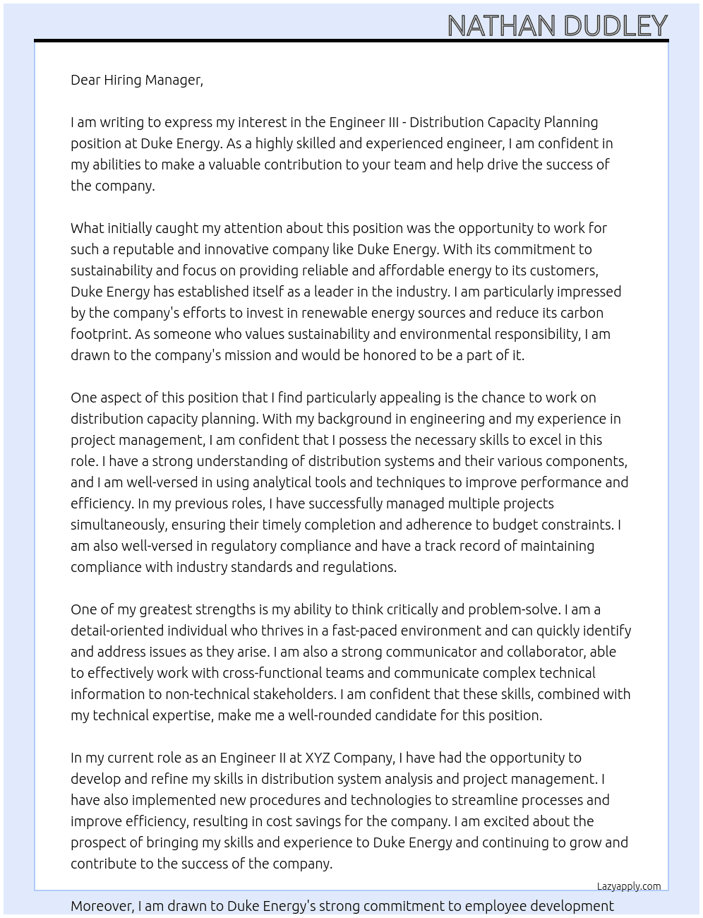 Engineer III - Distribution Capacity Planning At Duke Energy Cover Letter