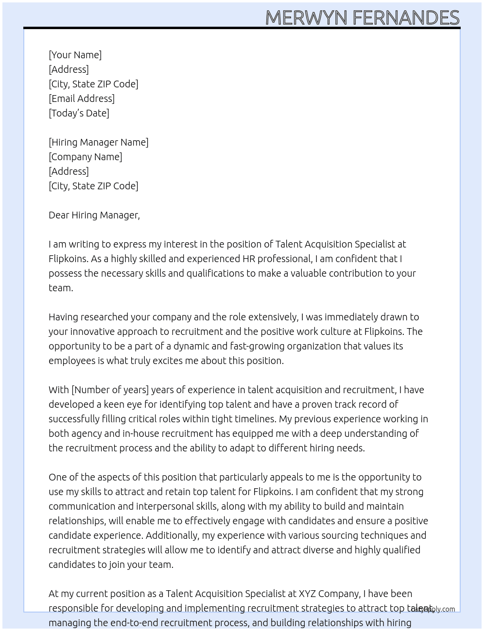 Talent Acquisition Specialist At flipkoins Cover Letter