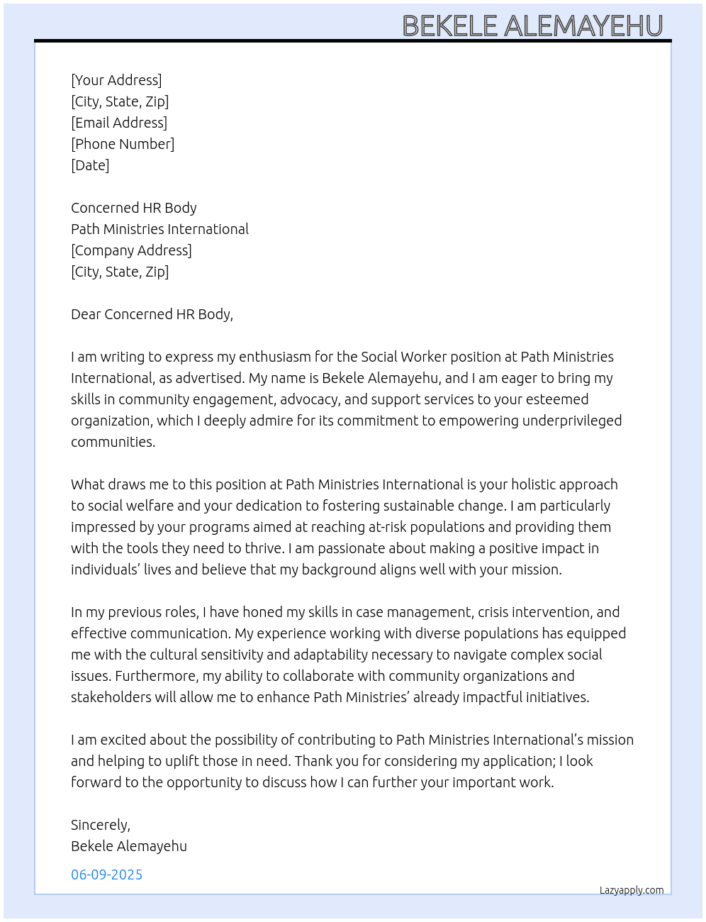 Social Worker  At Path Ministries International Cover Letter