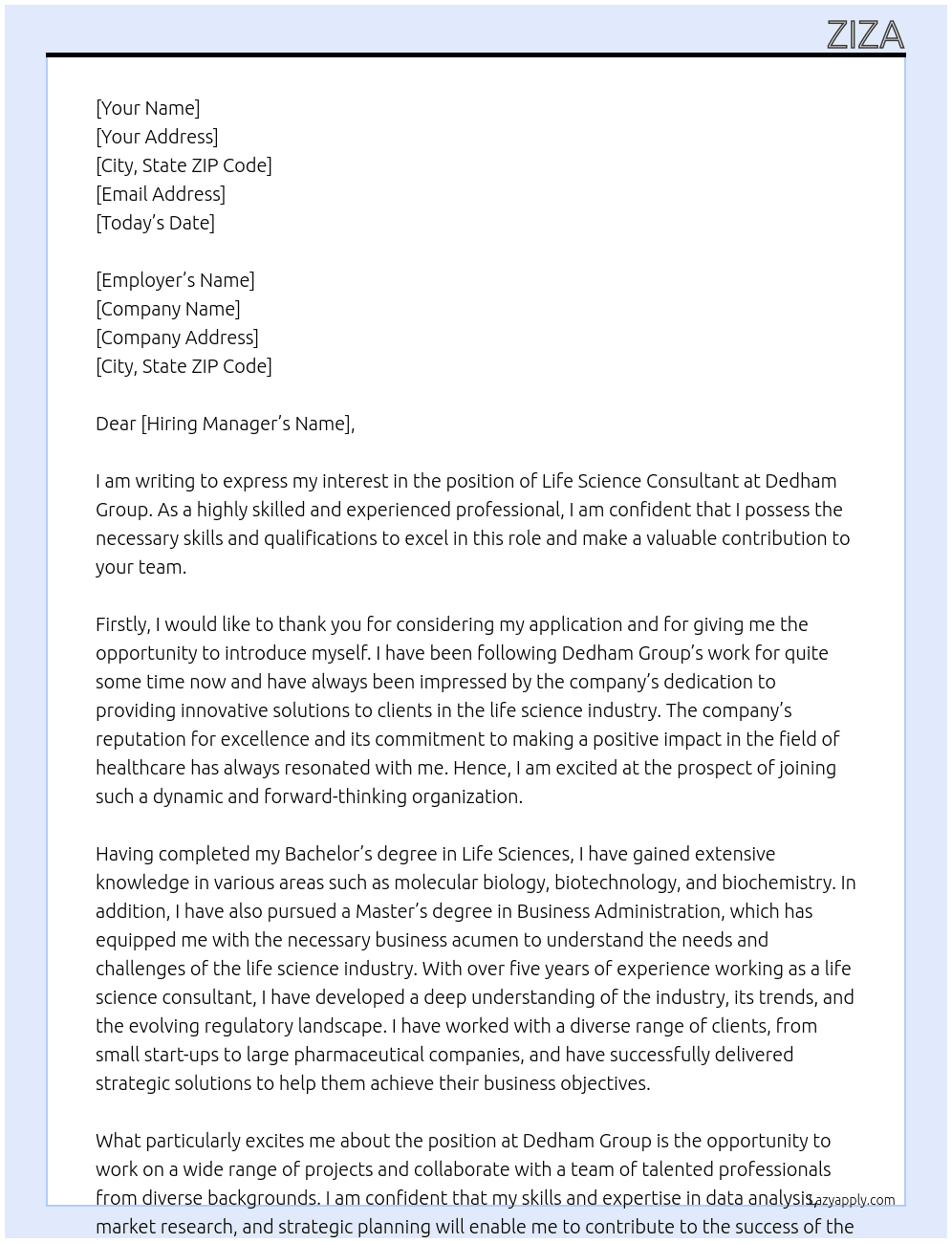 life science consultant  At dedham group Cover Letter