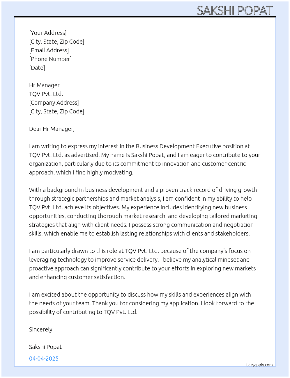 Business development executive  At TQV pvt. Ltd. Cover Letter