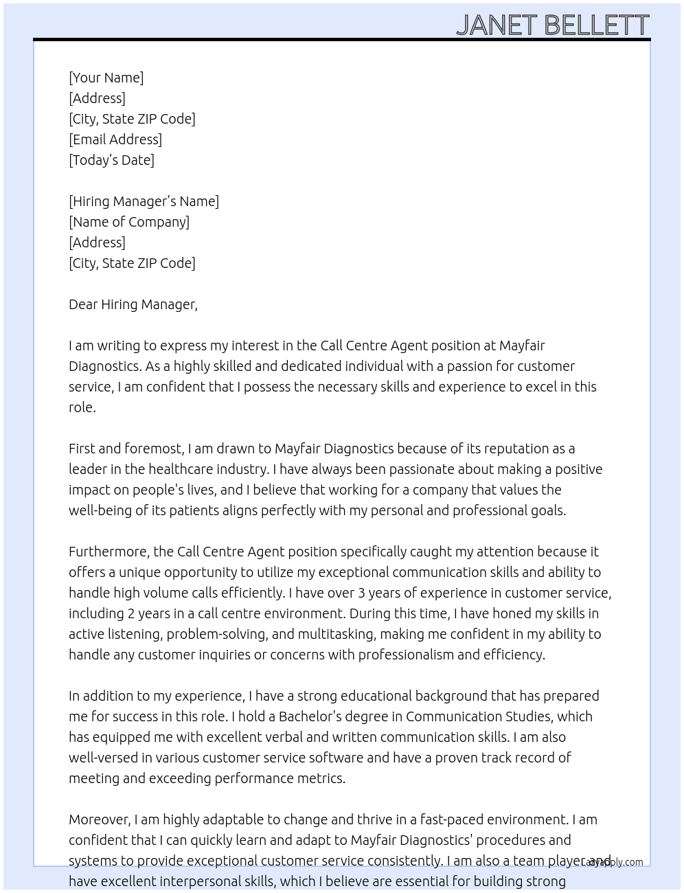Call Centre Agent At Mayfair Diagnostics Cover Letter