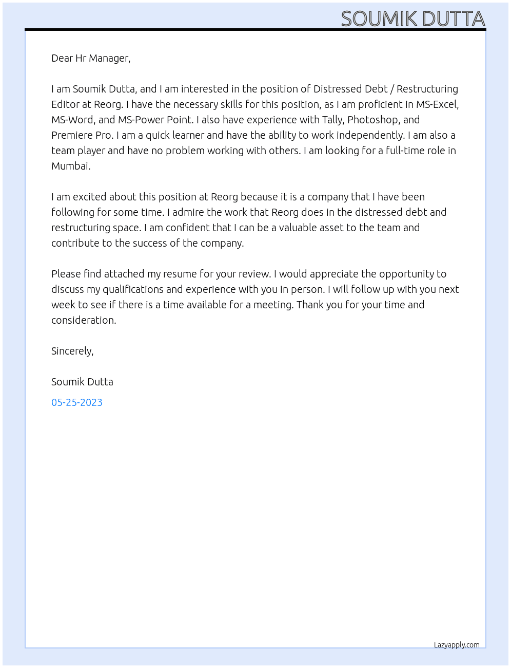 Distressed Debt / Restructuring Editor At Reorg Cover Letter