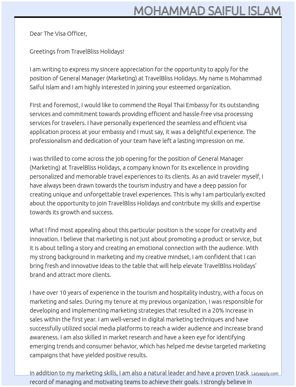 General Manager(Marketing) At TravelBliss Holidays Cover Letter
