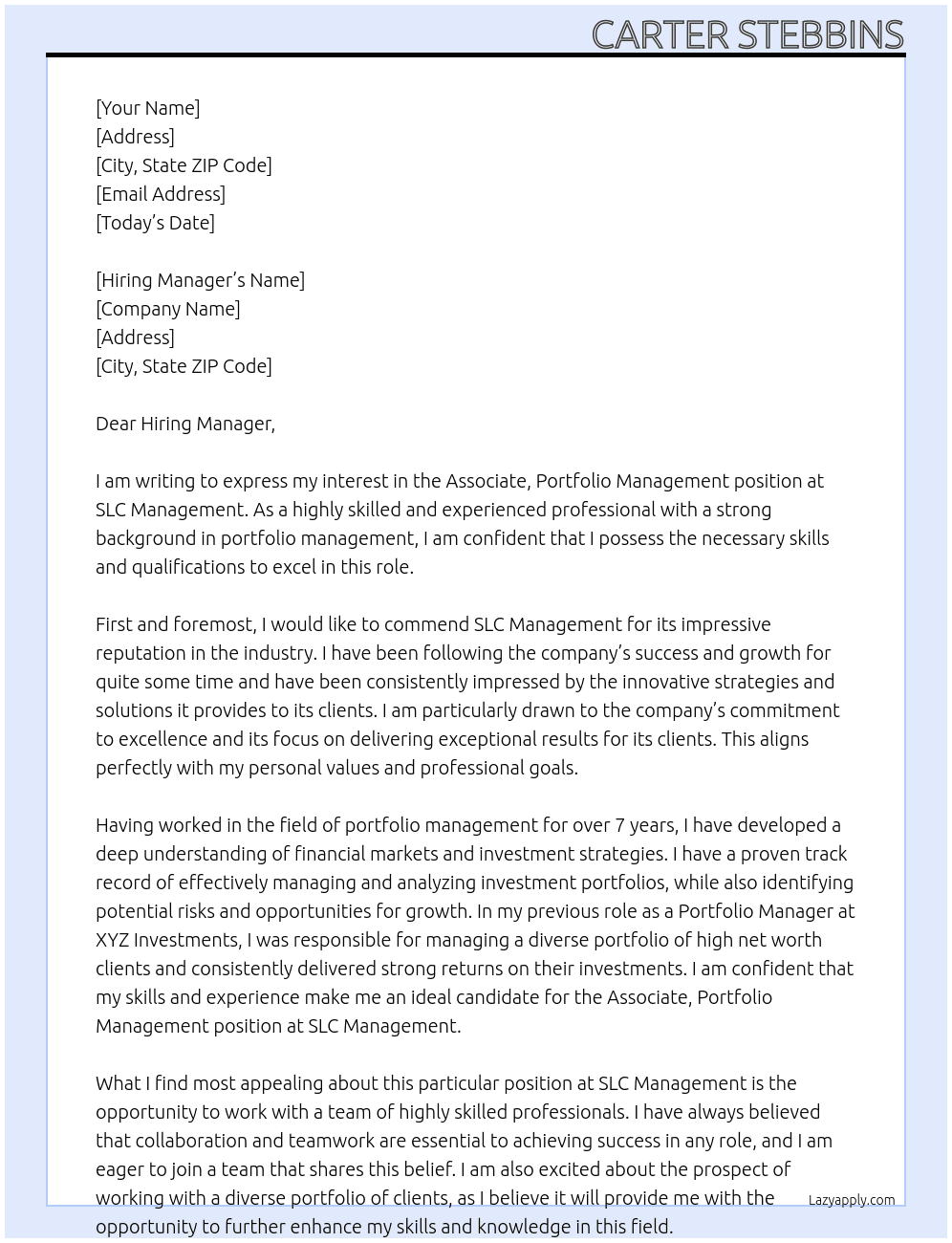 Associate, Portfolio Management At SLC Management Cover Letter