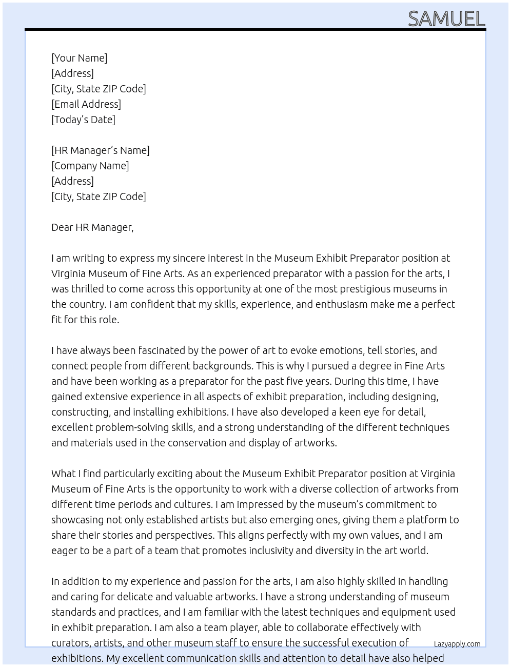 Museum Exhibit Preparator At Virginia Museum of Fine Arts Cover Letter