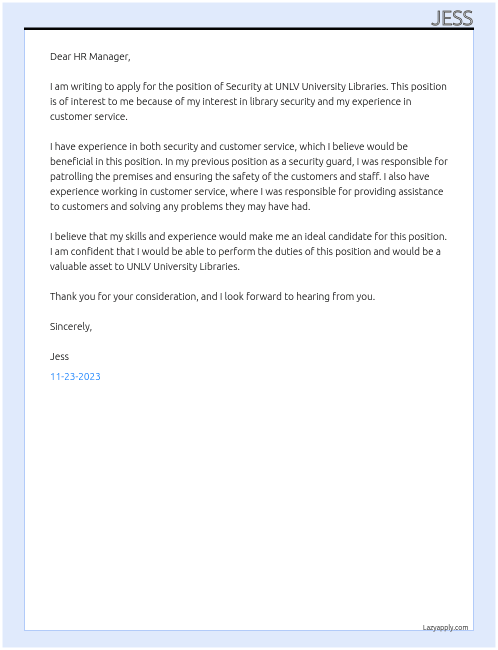 Security At UNLV University Libraries Cover Letter