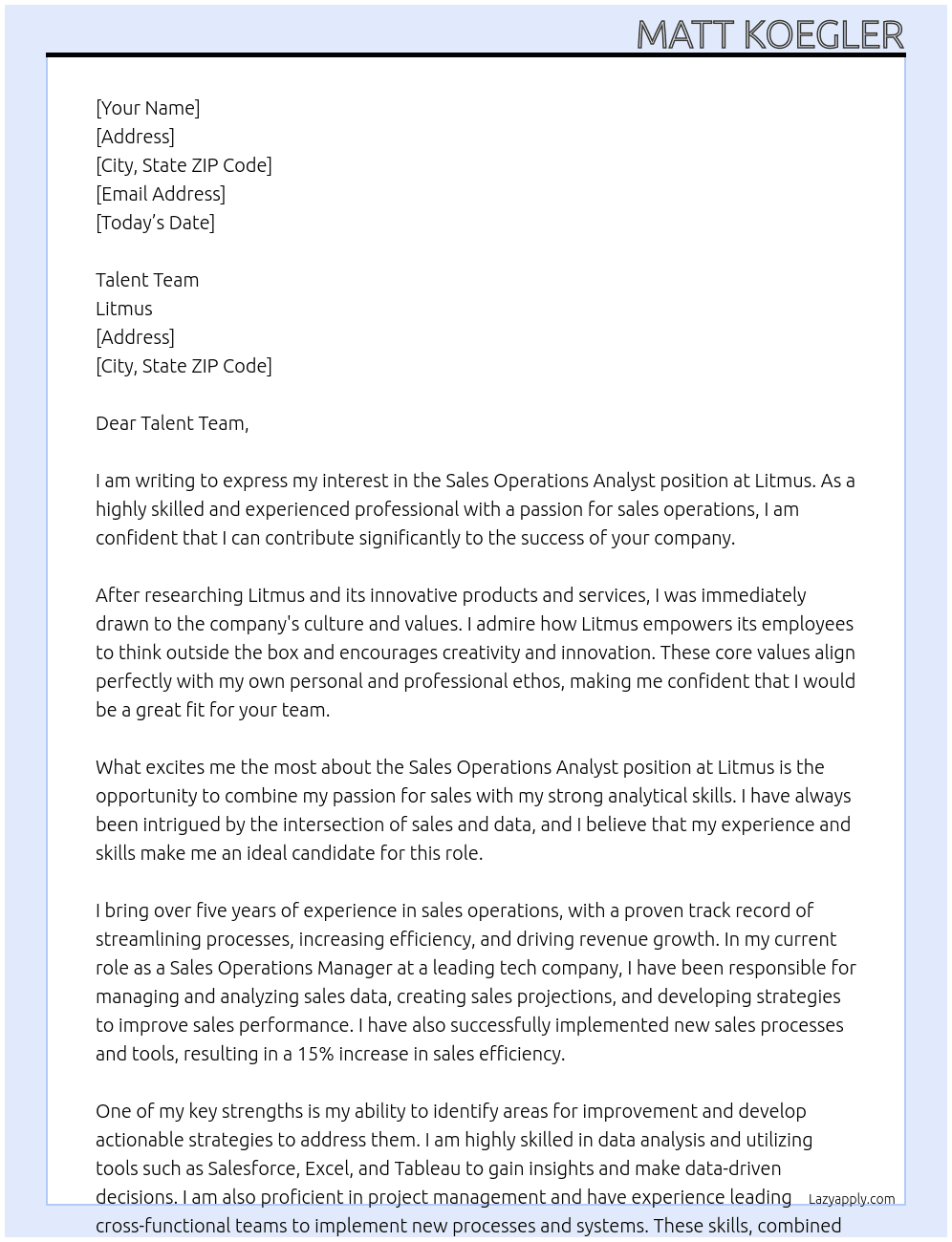 SAles Operations Analyst At Litmus Cover Letter
