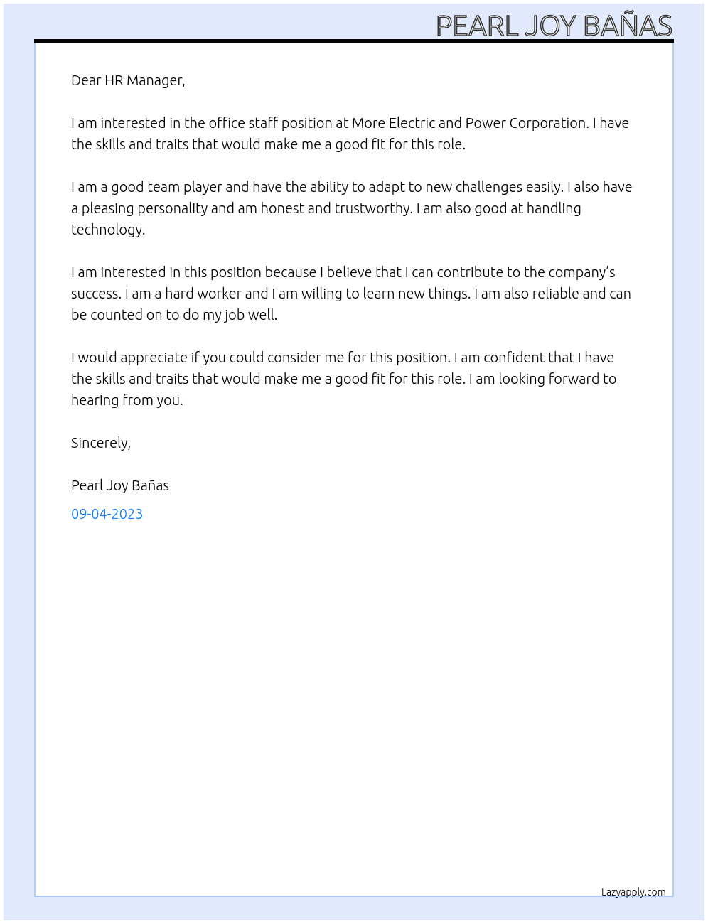 Office staff At More Electric and Power Corporation Cover Letter