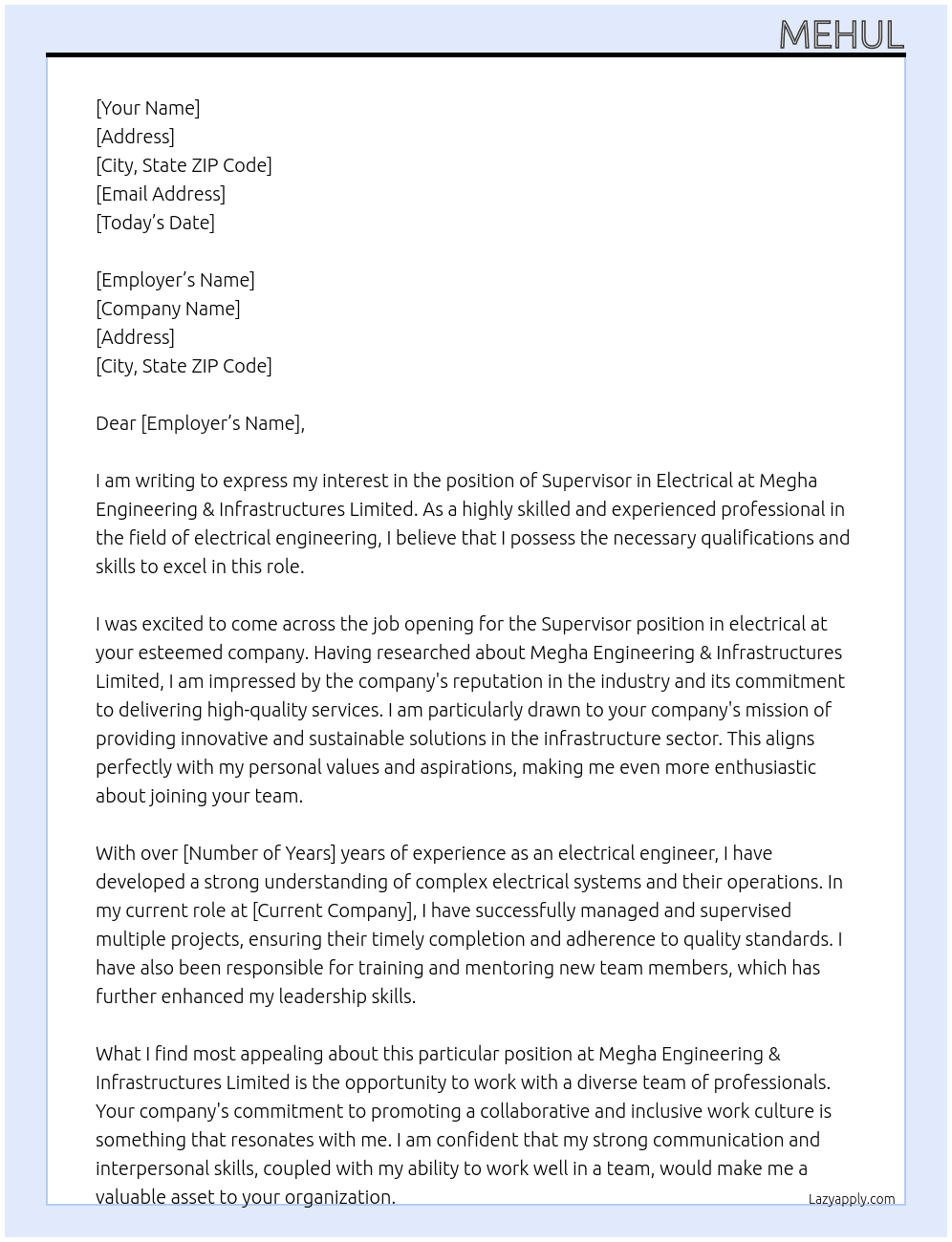 Supervisor in electrical  At Megha Engineering & Infrastructures Limited Cover Letter