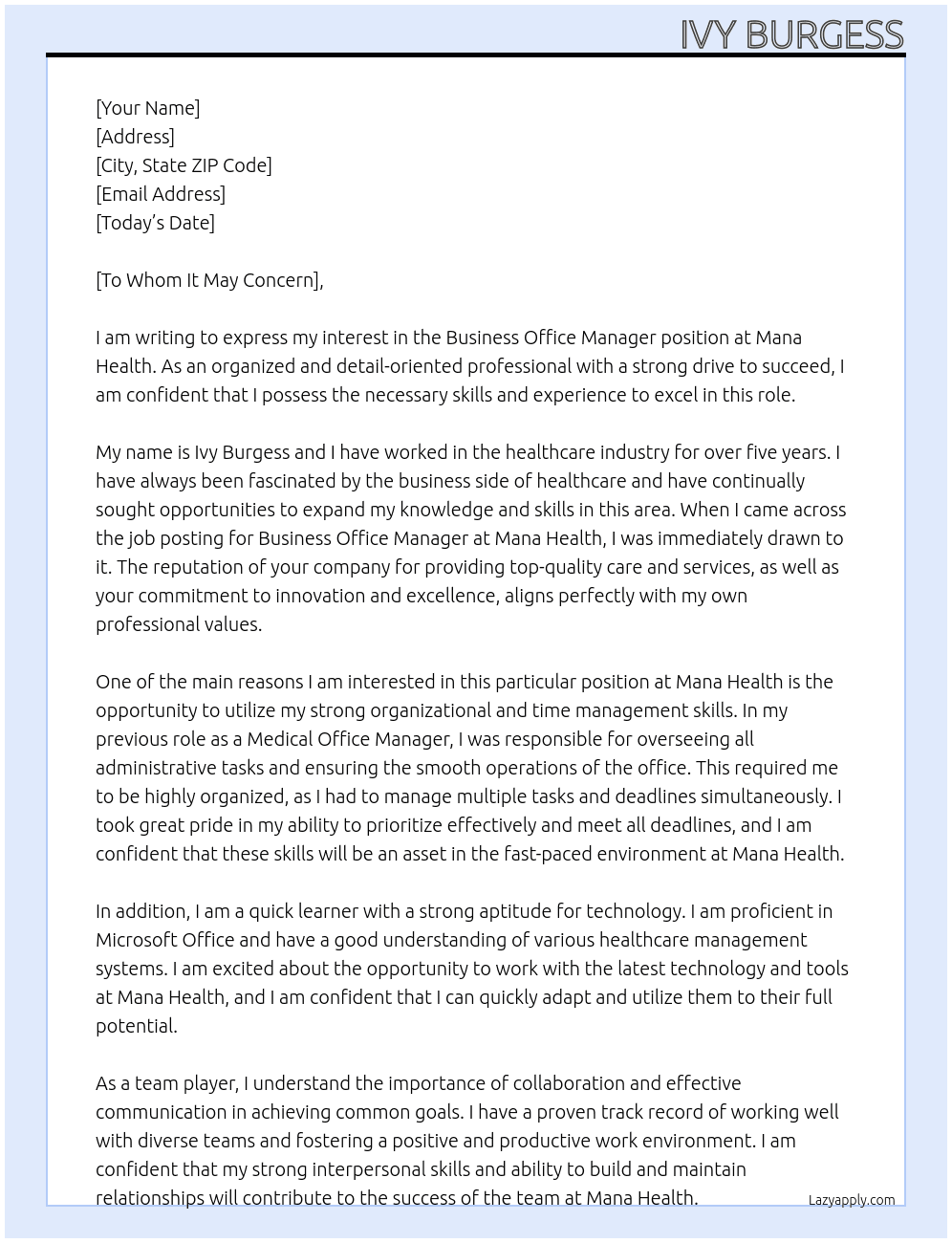 Business Office Manager At Mana Health Cover Letter