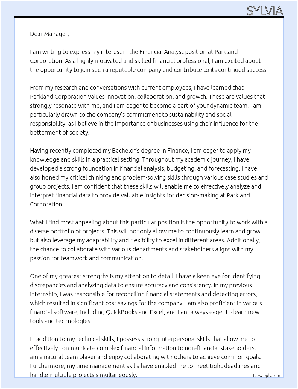 financial analyst At Parkland Corporation Cover Letter