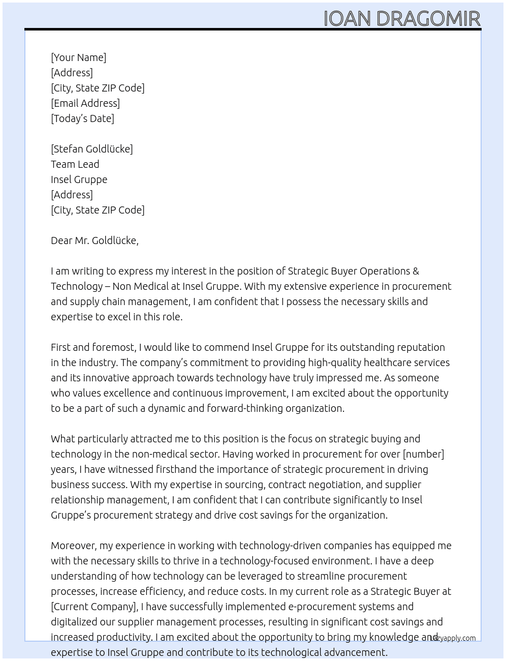 Strategic Buyer Operations & Technology – Non Medical At Insel Gruppe Cover Letter