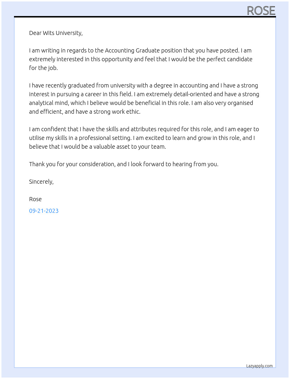 Accounting Graduate At Wits University Cover Letter