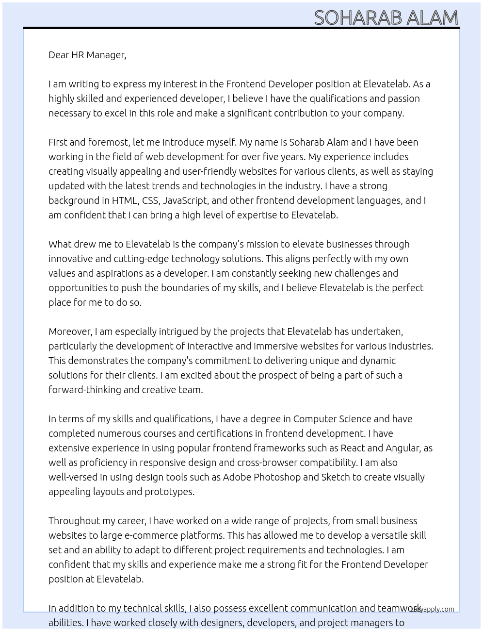 Frontend Developer At Elevatelab Cover Letter