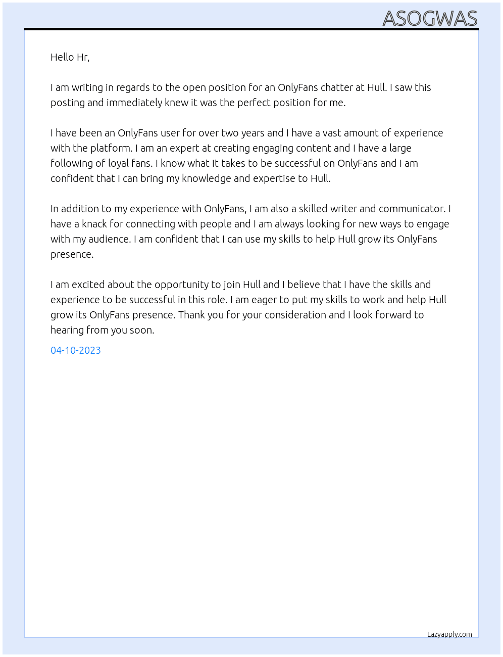 Onlyfan chatter At Hull Cover Letter