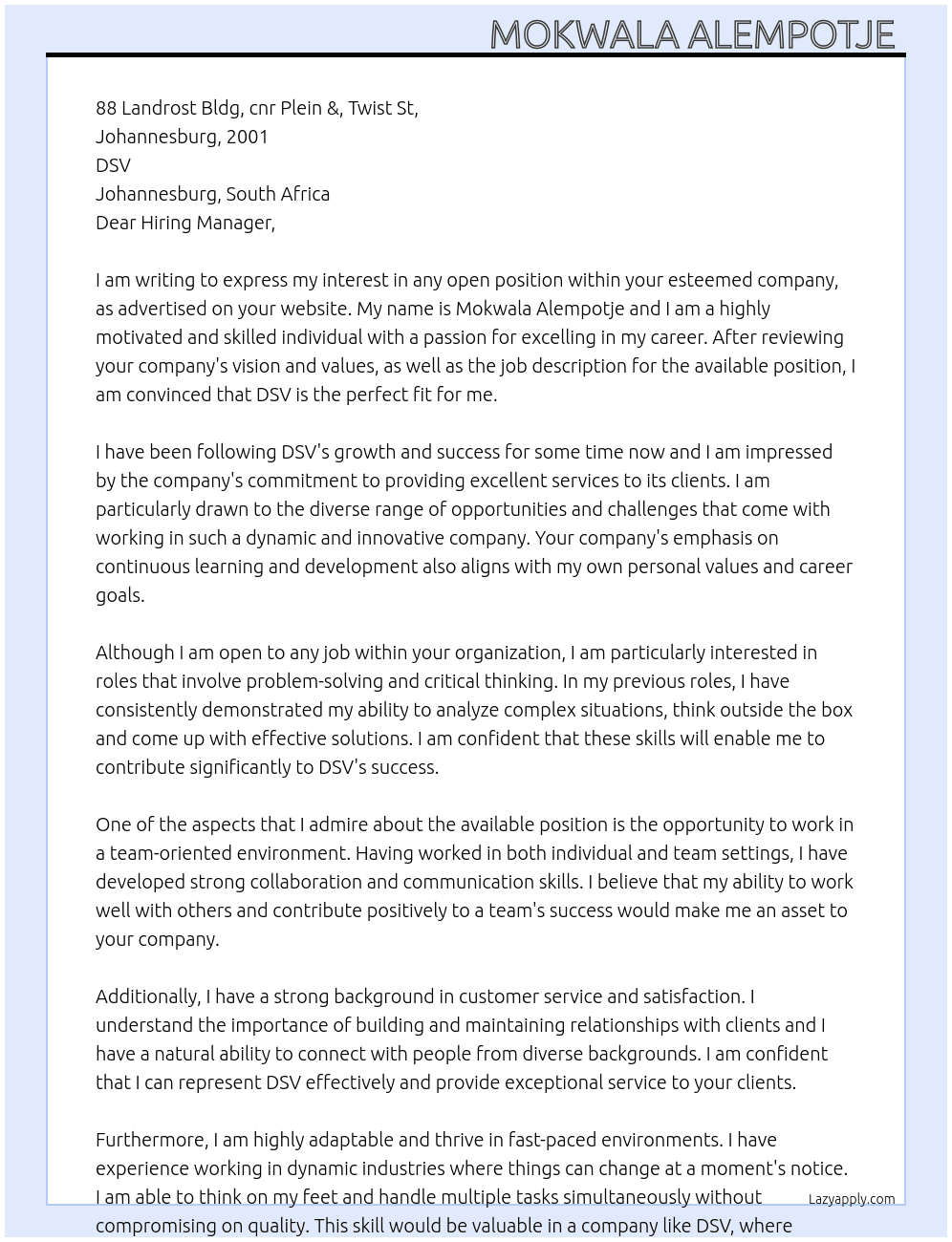 Any job At DSV Cover Letter